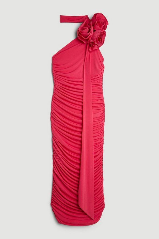 Drapey Ruched Jersey Rosette Midi Dress | Karen Millen US