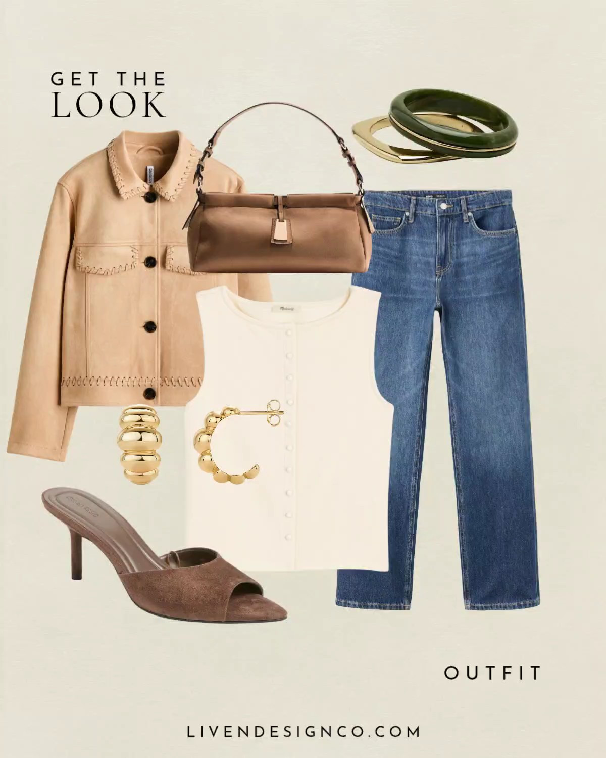 Beige suede jacket outfit. Womens outfit. Fall style. Fall outfits. Cropped jacket. Straight denim. Bangle bracelets. Suede kitten heels. Gold hoops. Suede handbag. Sleeveless top. Madewell. Affordable finds. Mango. 

#LTKSeasonal #LTKSaleAlert