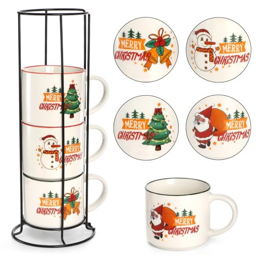 Coloch Set of 4 Christmas Mugs with Metal Rack, 15 oz Ceramic Coffee Mug Stackable Christmas Theme Milk Mugs for Coffee, Tea, Milk, Cold&Hot Drinks, Gift, Microwave&Dishwasher Safe | Amazon (US)