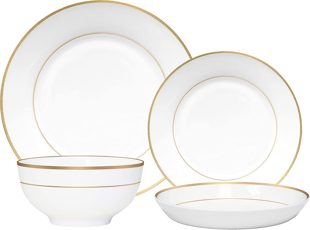 QOUTIQUE Bone China Dinnerware, 16PC Set, Service for 4, Double Gold Rim, White, Microwave Safe, ... | Amazon (US)