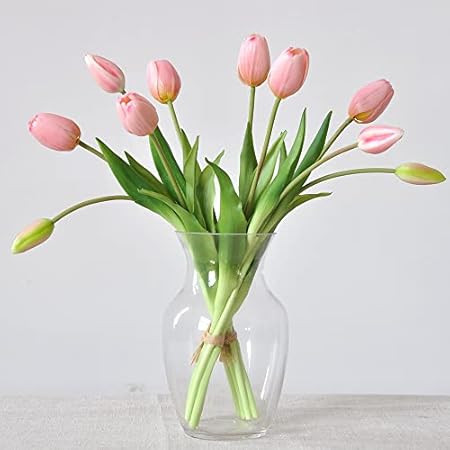 dallisten 10 Pcs Silk Tulips Artificial Flowers Pink Kit, Long Stem and Large Flower Head, Real Touc | Amazon (US)