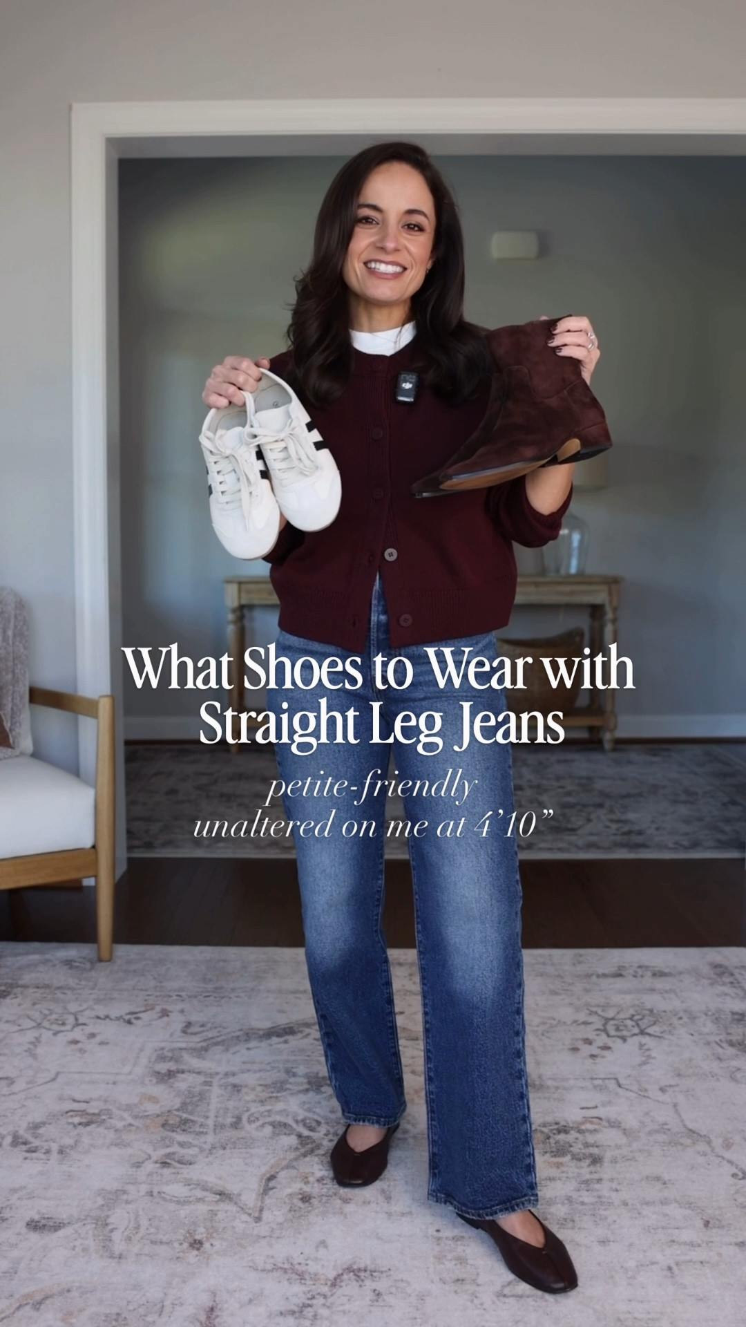 What shoes to wear with straight leg jeans for petites. 

Jeans (Levi’s): 25 x 27” on my honor wash / 12” rise / 27” inseam - sized up 

Ballet flats 
Sweater (Quince): xs - sold out in exact color, linked in brown 
T-Shirt (Old Navy): petite xs 
Shoes (Madewell): true to size - sold out in color, will link similar 

Boots 
Sweater (Quince): xs 
T-Shirt (Old Navy): petite xs 
Boots (Steve Madden): size up 1/2 size 
Slim Jeans (Quince): 24 short in midnight blue / 10.5” rise / 26” inseam 

Sneakers 
Sweater (Gap): petite xs 
T-Shirt (Old Navy): petite xs 
Sneakers (Quince): size up 1/2 size 

Loafers 
Top (Abercrombie): xxs - sold out in navy, linked in stripe 
Shoes (Sam Edelman): true to size 

My measurements for reference: I’m 4’10” and 105lbs. My bust, waist, and hip measurement is 32”, 24”, and 36”.