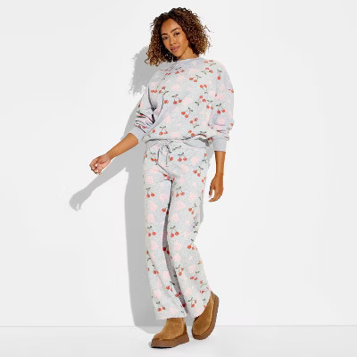 Women's Cherry Heart Fleece Graphic Pull-On Pants - Heather Gray M | Target