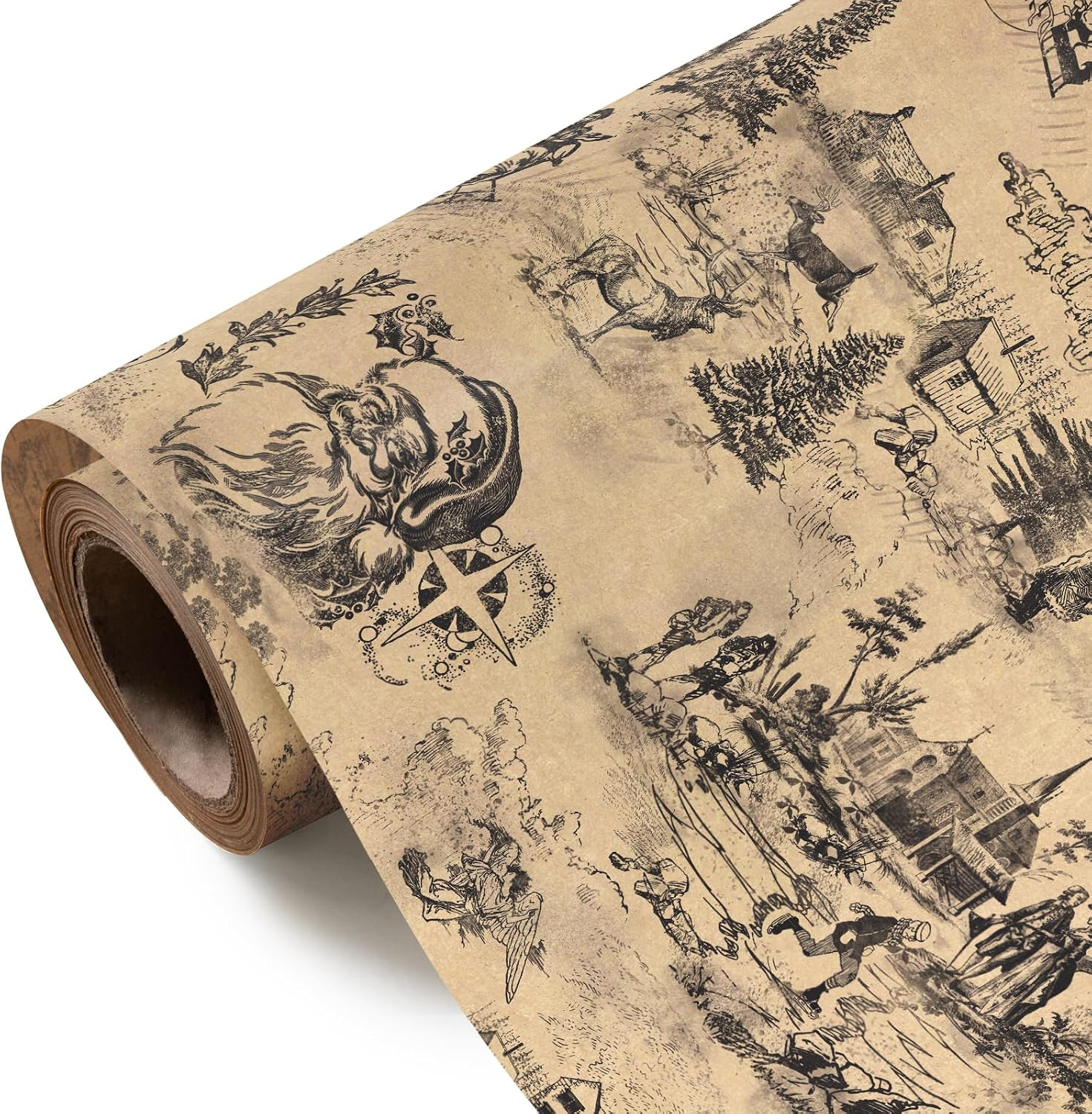 WRAPAHOLIC Kraft Toile Vintage Christmas Wrapping Paper - Mini Roll - 17 Inch x 16.5 Feet - Santa Toile de Jouy Kraft Christmas Wrapping Paper for Xmas Holiday, Winter Season, Party Celebration | Amazon (US)