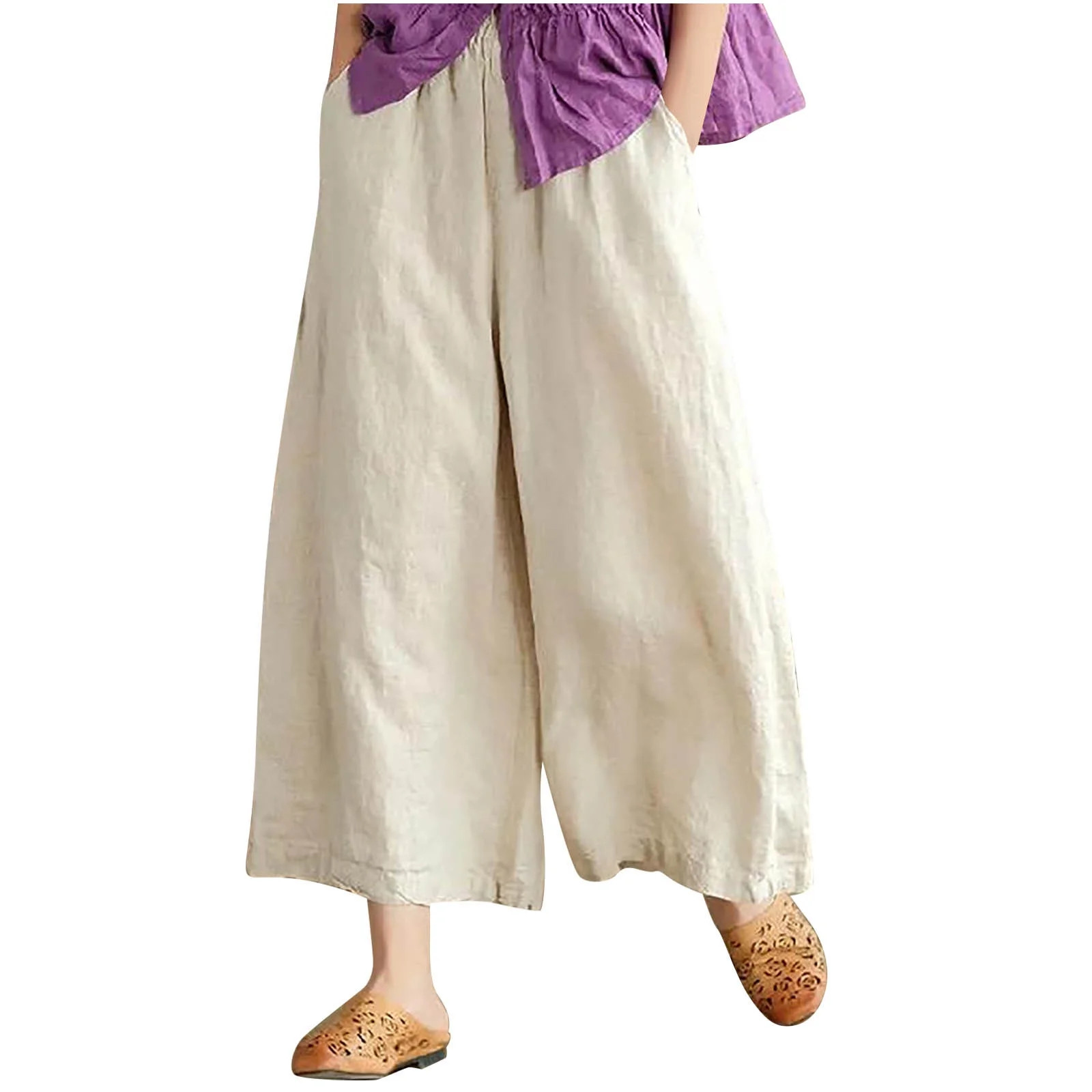 GERsome Women's Culottes Linen Cropped Wide Leg Pants Elastic Waist Casual Palazzo Trousers with ... | Walmart (US)
