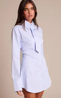 Blue Pinstripe Tie Detail Button Down Shirt Dress | PrettyLittleThing USA | PrettyLittleThing US