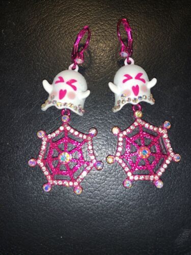 Betsey Johnson Adorable Pink White Dangle Ghost Spider Webs Crystal Earrings  | eBay | eBay US
