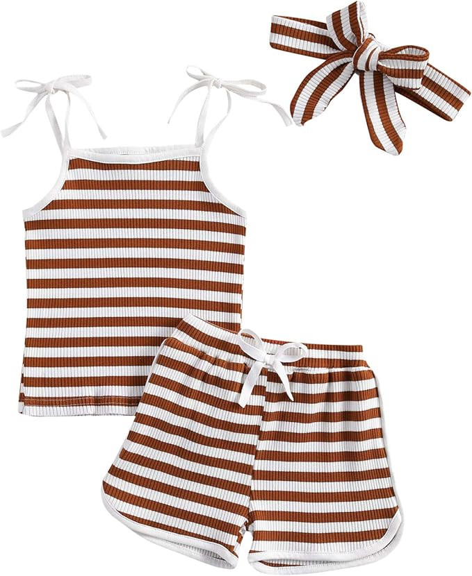 Toddler Baby Girl Summer Clothes Stripe Tank Top + Cotton Shorts Headband 3Pcs Knit Ribbed Outfit... | Amazon (US)