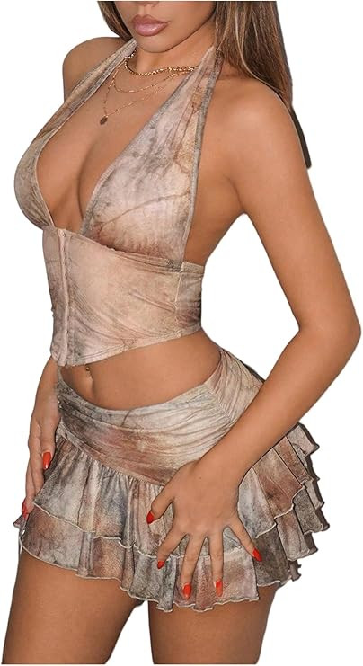 SOLY HUX Women's Y2k Skirt Sets 2 Piece Outfits Leopard Halter Crop Tops and Ruffle Layered Mini ... | Amazon (US)