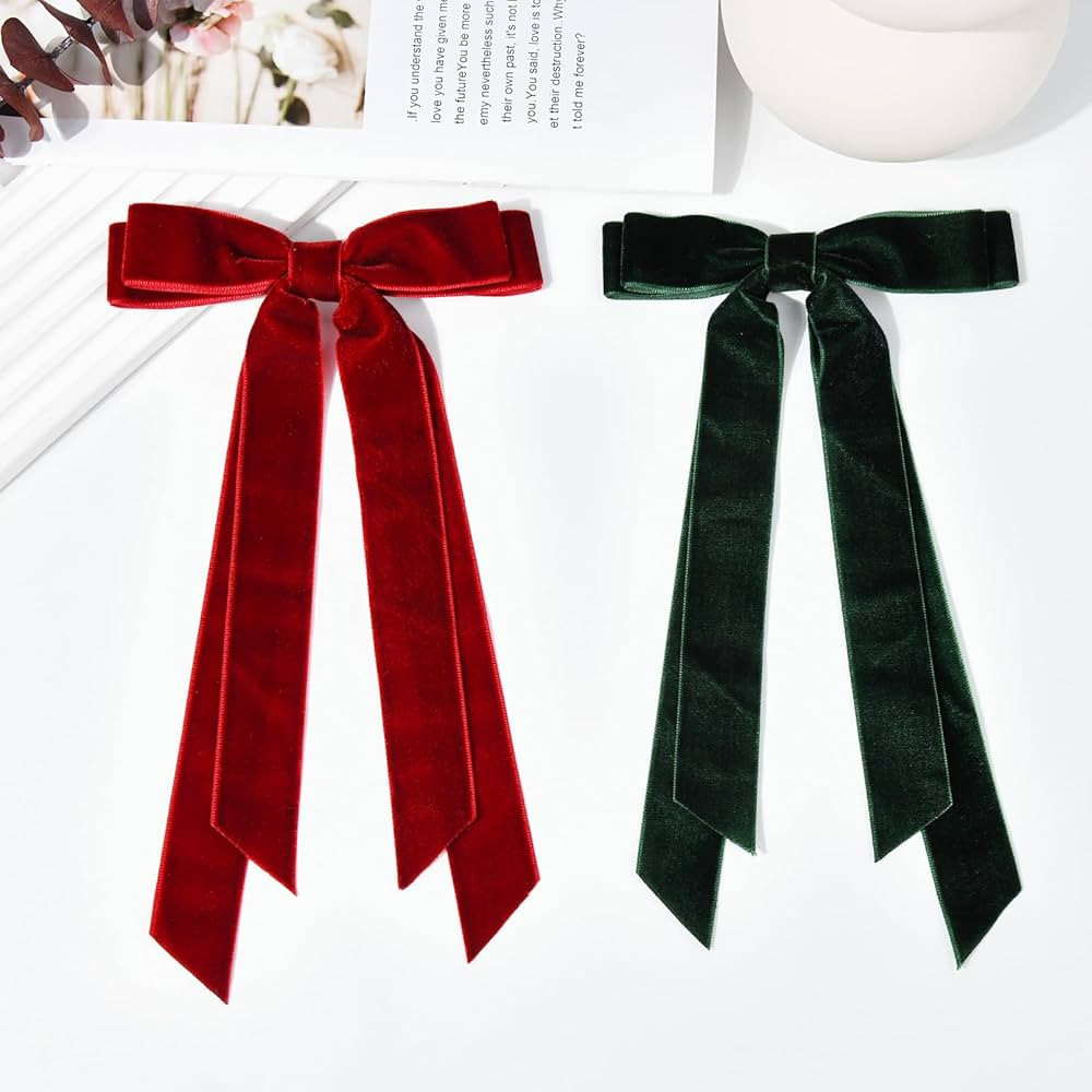 2PCS Velvet Hair Bows Ribbon Hair Clip Wine Red Green Accessories Ponytail Holder Accessories Slides | Amazon (US)