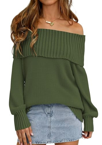 PRETTYGARDEN Womens Off The Shoulder Sweater Long Sleeve Tops Loose Knit Pullover Sweaters Fashion Fall Clothes 2025 (Green,Large) | Amazon (US)