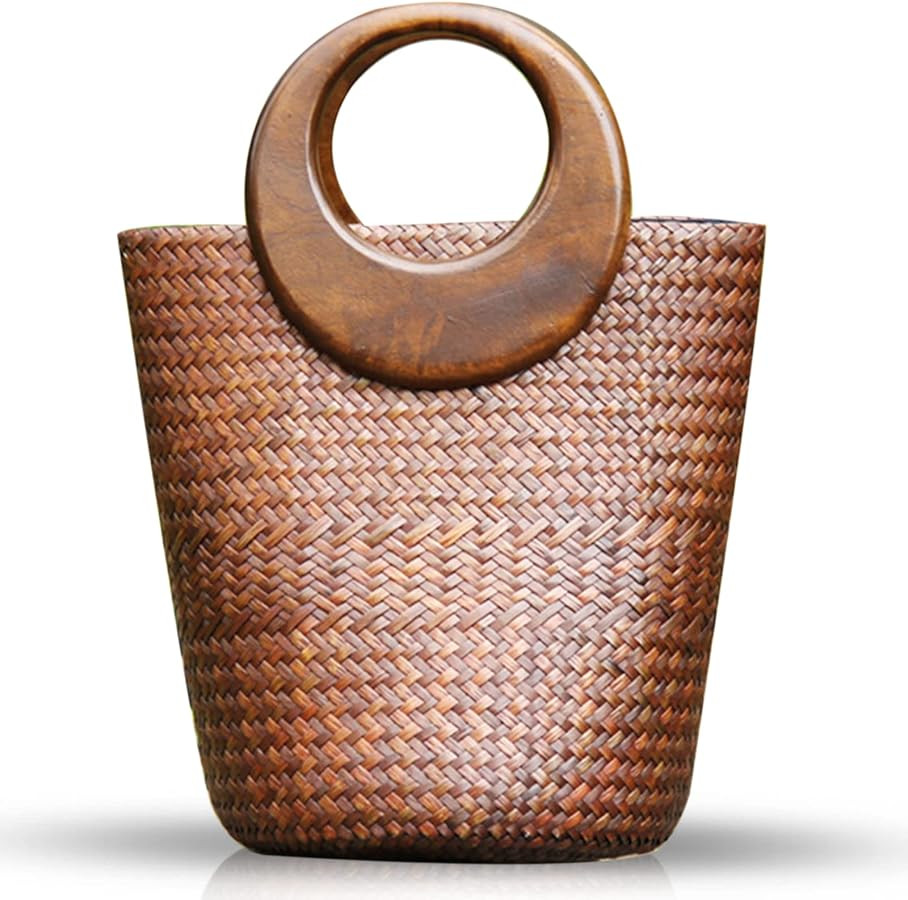 Straw Bag, Beach Bag for Women, Handmade Rattan Handbag, Boho Retro Woven Tote Bag Round Wooden H... | Amazon (US)
