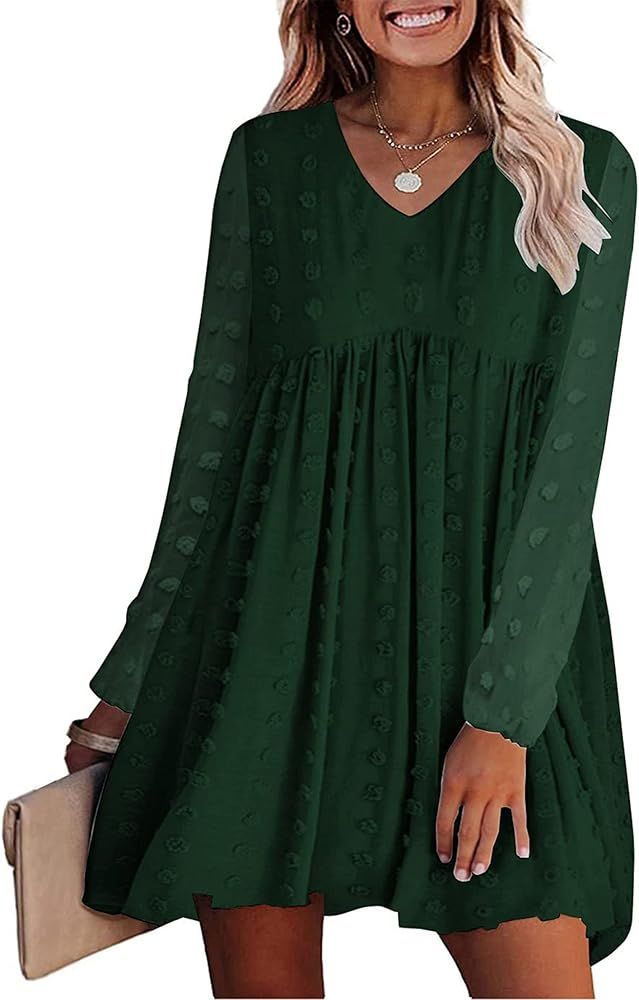 KIRUNDO Womens Dresses 2023 Fall Long Sleeve Mini Dress V Neck Flowy Casual Swiss Dot Loose Babyd... | Amazon (US)