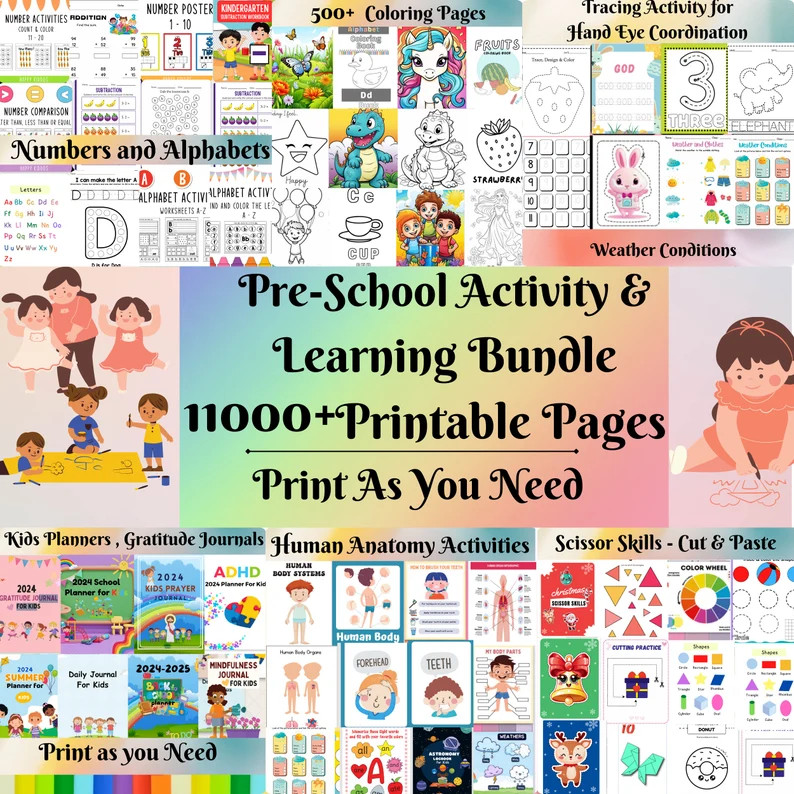 11000 Preschool Kindergarten Printable Activity Worksheets All-in-one Learning Bundle Kids & Fami... | Etsy (US)