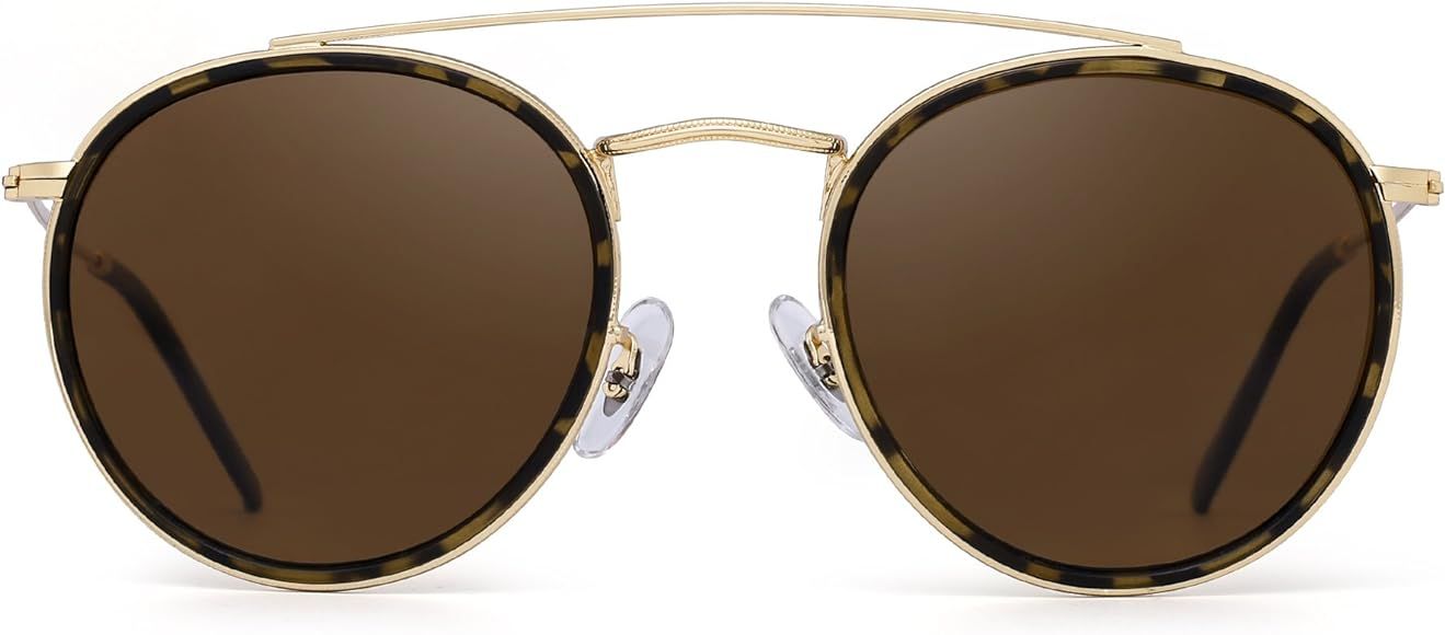 Small Polarized Round Sunglasses for Women Vintage Double Bridge Frame | Amazon (US)