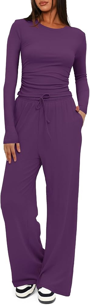 Darong Women's 2 Piece Outfits Lounge Sets 2026 Long Sleeve Tops Wide Leg Pants Casual Matching S... | Amazon (US)