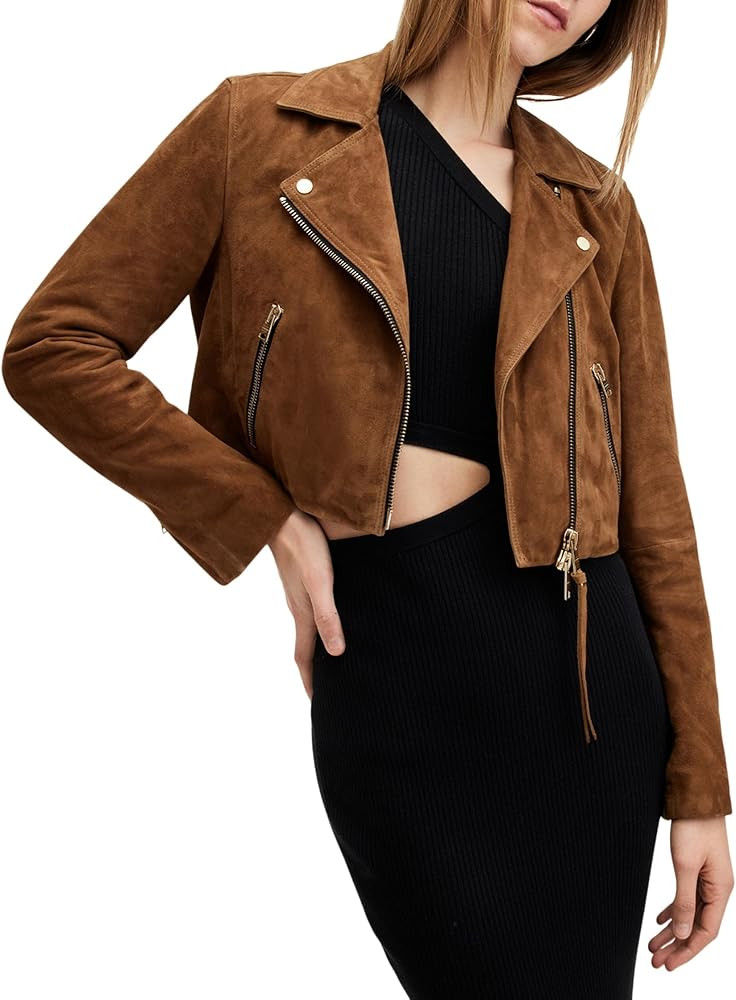 AllSaints Women's Dalby Slim Fit Cropped Suede Biker Jacket | Amazon (US)