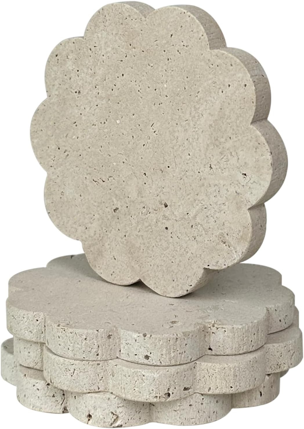White Travertine Coaster with Scalloped Edge, Set of 4 Marble Stone Coasters for Drinks(4" Diamet... | Amazon (US)