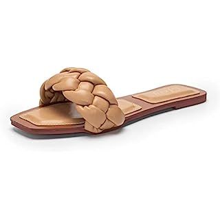 Trish Lucia Womens Square Open Toe Flat Sandals Slip On Mule Slides Braided Strap Slipper | Amazon (US)