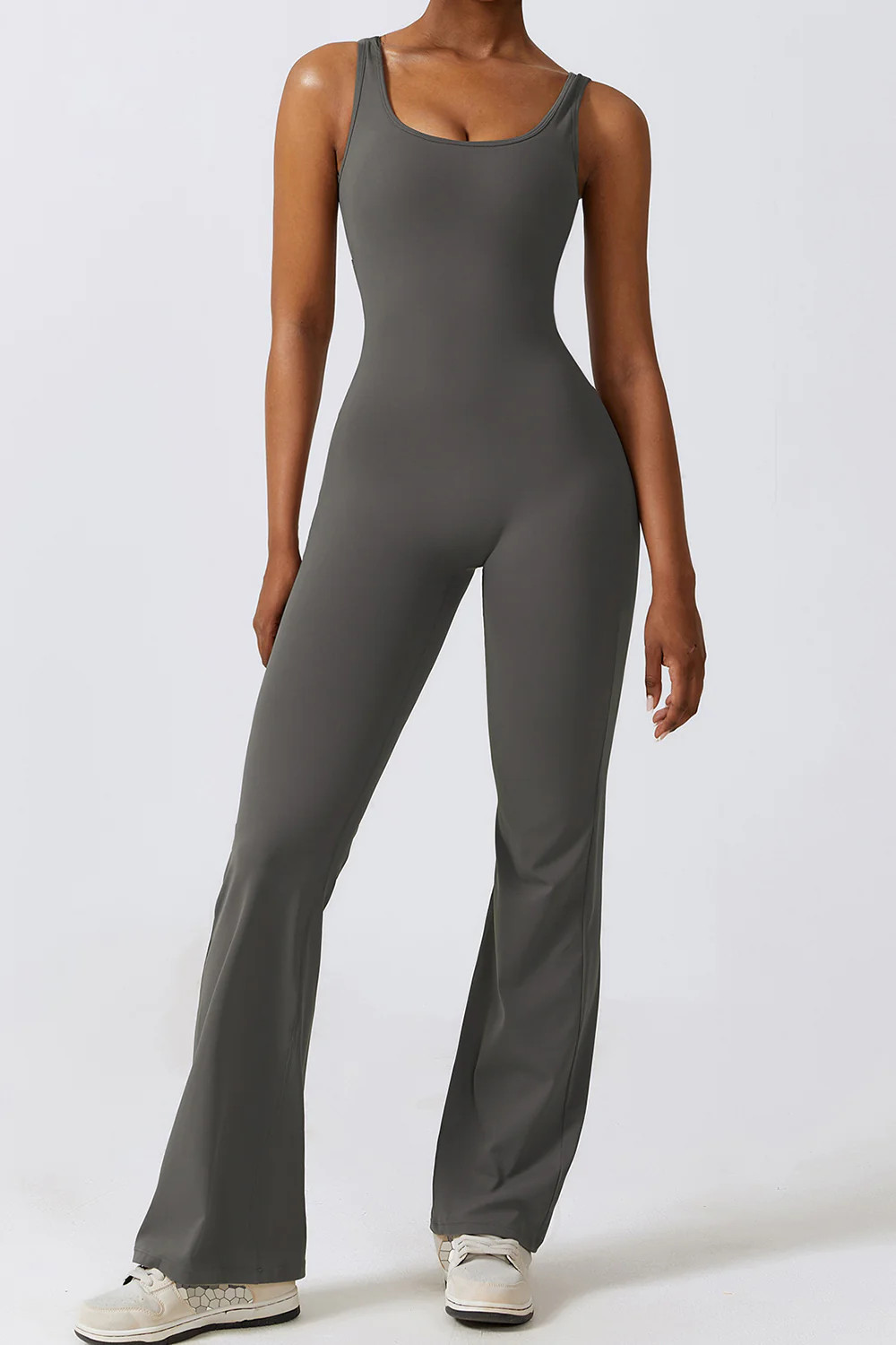 Basic Bae Cutout Ruched Bootcut Sleeveless Active Jumpsuit Dark Gray / M | Casual Chic Boutique