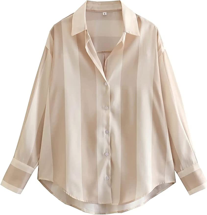 Yuiseaik Satin Button Down Shirts for Women Long Sleeve Silky Pinstripe Casual Blouse Summer Top | Amazon (US)