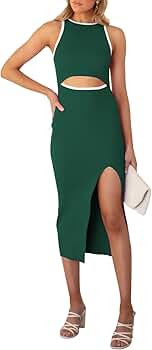 Shawhuwa Women's Summer Midi Bodycon Dresses Casual Crew Neck Side Slit Sleeveless Knit Tank Top ... | Amazon (US)