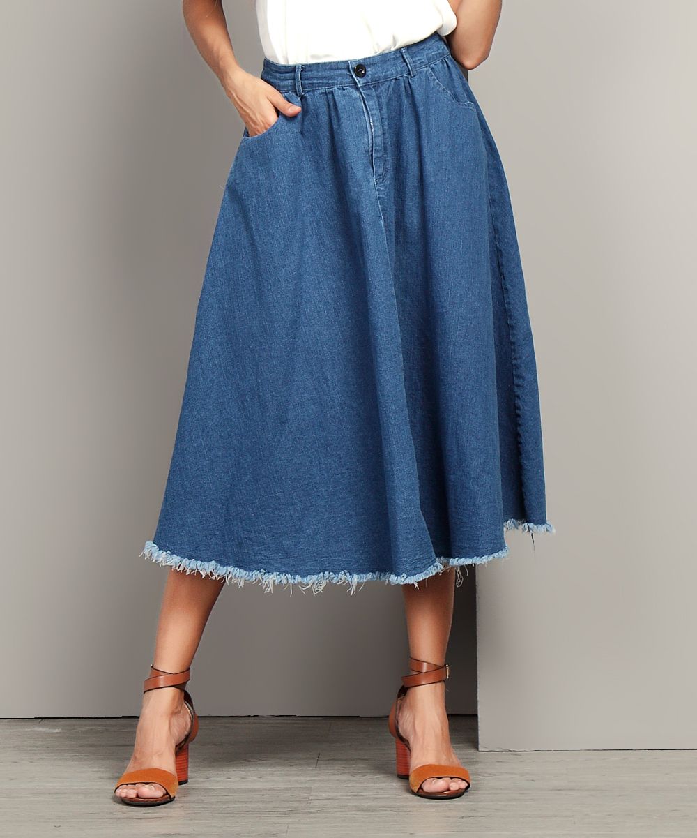 Reborn Collection Women's Denim Skirts Indigo - Indigo Chambray Raw-Hem Midi Skirt | Zulily