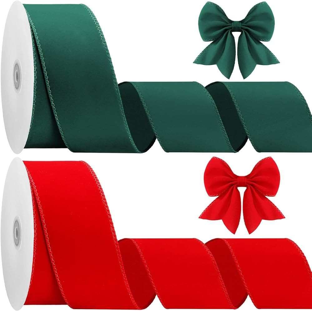 Lyrow 2 Rolls Christmas Velvet Ribbon 2.5 Inches Christmas Velvet Satin Ribbon Vintage Wide Wired... | Amazon (US)