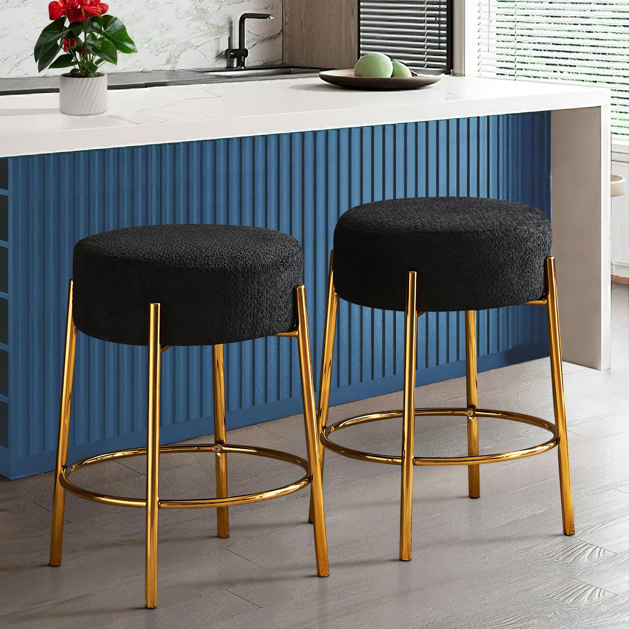 Dolonm 24 Inch Round Counter Bar Stools Set of 2, Teddy Fabric Upholstered, Bouclé and Sherpa Ch... | Amazon (US)