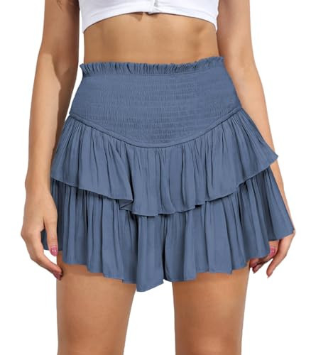 MIYIEONZ Women's Cute High Waist Ruffle Mini Skirt Layered Ruffle Hem Flared Flowy Casual Swing Beach Mini Short Skirt Blue-Gray | Amazon (US)
