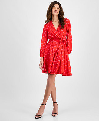 Anne Klein Women's Half-Wrap Polka-Dot A-Line Dress - Macy's | Macy's