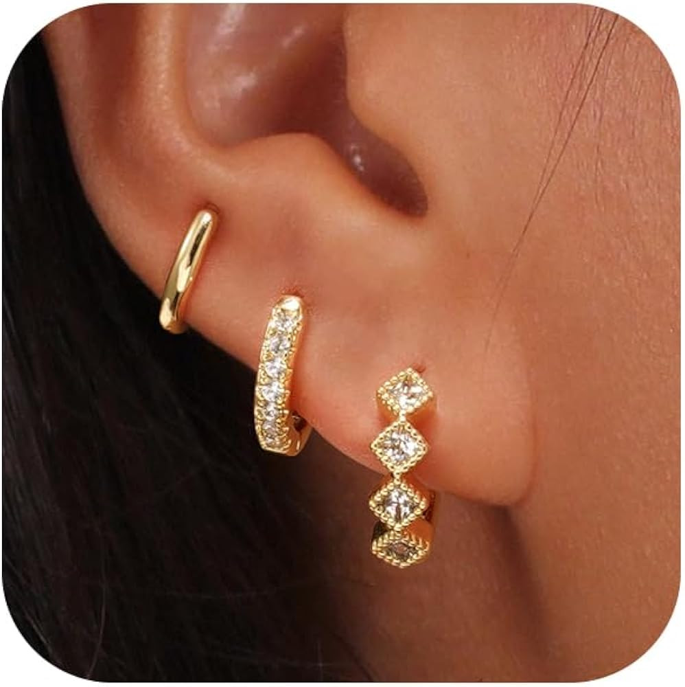 Gold Hoop Earrings Set for Women Trendy, 14K Gold Plated Chunky Hypoallergenic Small Diamond Cart... | Amazon (US)