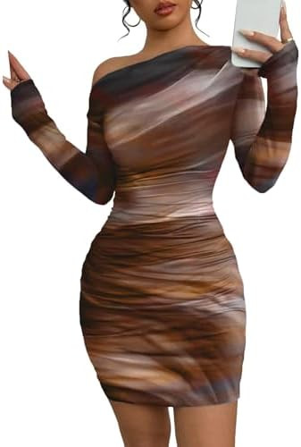 Acelitt Off the Shoulder Dress for Women 2026 Tie Dye Mesh Long Sleeve Ruched Bodycon Cocktail Pa... | Amazon (US)