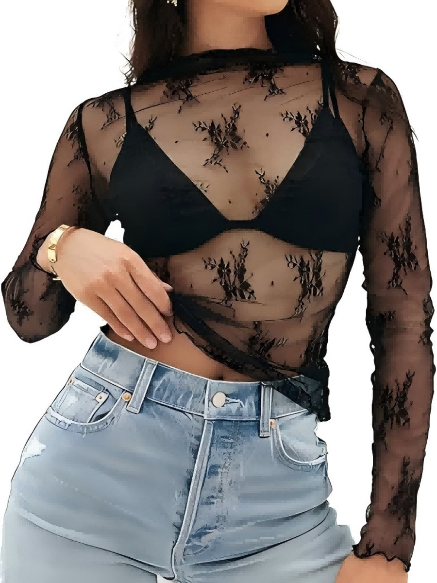 2024 Women Mesh Sheer Long Sleeve Layered Top Stand Collar Lace Floral See-Through Shirt Blouse | SHEIN