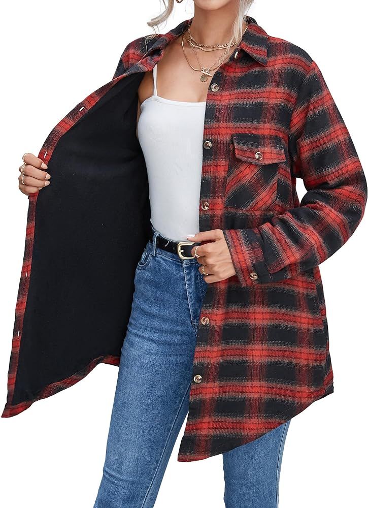 HOTOUCH Womens Fleece Lined Jackets Flannel Plaid Shirts Button Down Warm Shackets Long Sleeve Bo... | Amazon (US)