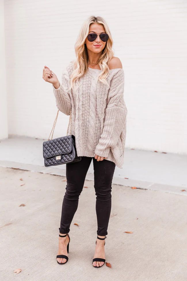 Alone With You Taupe Cable Knit Sweater | The Pink Lily Boutique