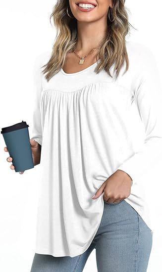 LONGYUAN 2023 Women's Long Sleeve Casual Tunics Tops Winter Loose Shirts Flare Blouse Comfy Elast... | Amazon (US)