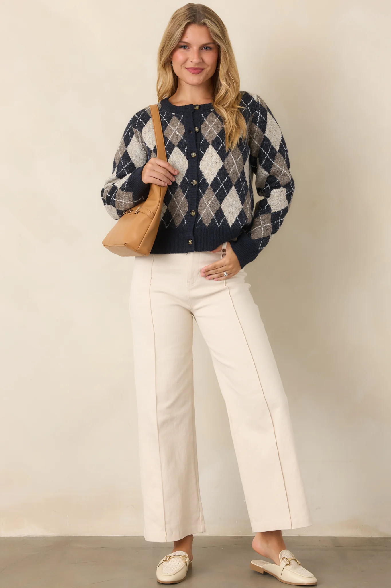 First in Class Navy Multi Argyle Knit Cardigan | Red Dress