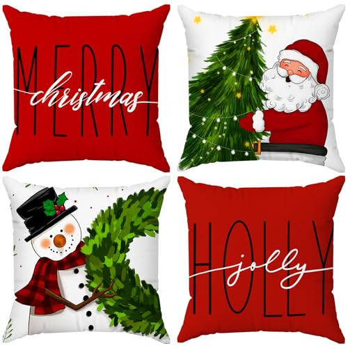 Brightown Red Christmas Pillow Covers 18x18 Set of 4 Christmas Decorations Winter Holiday Decor Throw Cushion Case for Home Couch | Amazon (US)