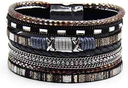 EunWow Leather Multilayer Bracelet Ladies Bracelet Women Magnetic Closure | Amazon (US)