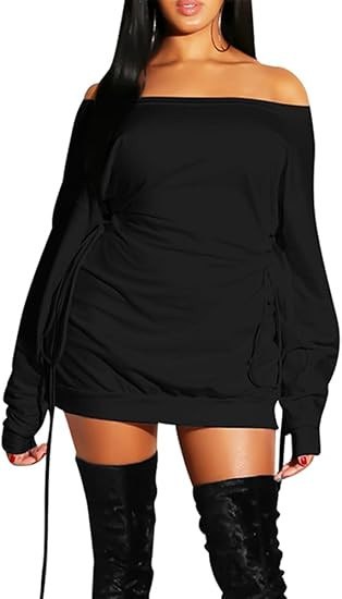 GOKATOSAU Women's Sexy Casual Off Shoulder Long Sleeve Lace Up Loose Club Mini Dress | Amazon (US)