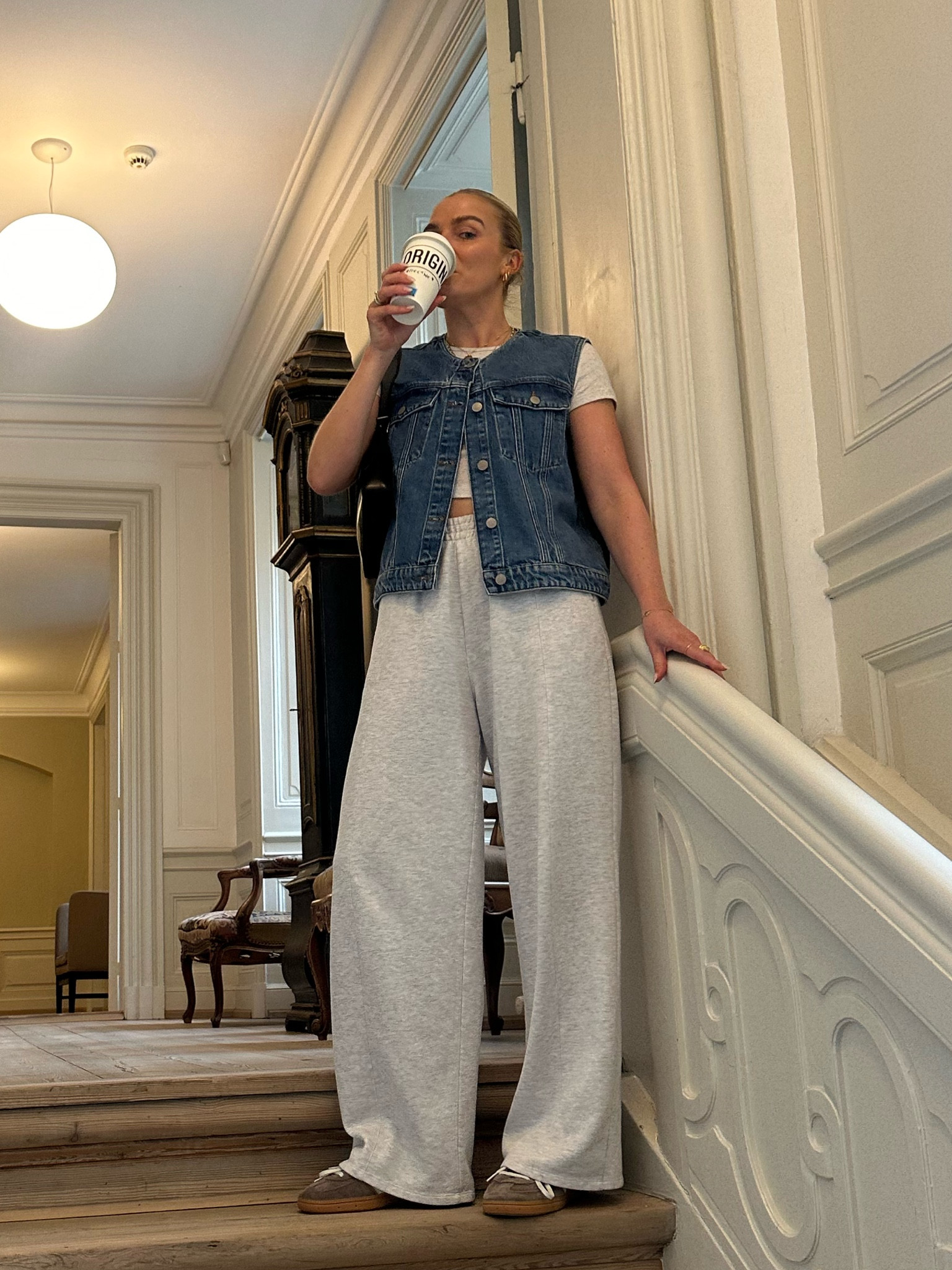 Wide leg joggers
Grey sweat pants 
Adidas spezial 
Denim waistcoat 
Casual outfit 
Day outfit 
Cropped baby tee

#LTKstyletip #LTKeurope #LTKuk