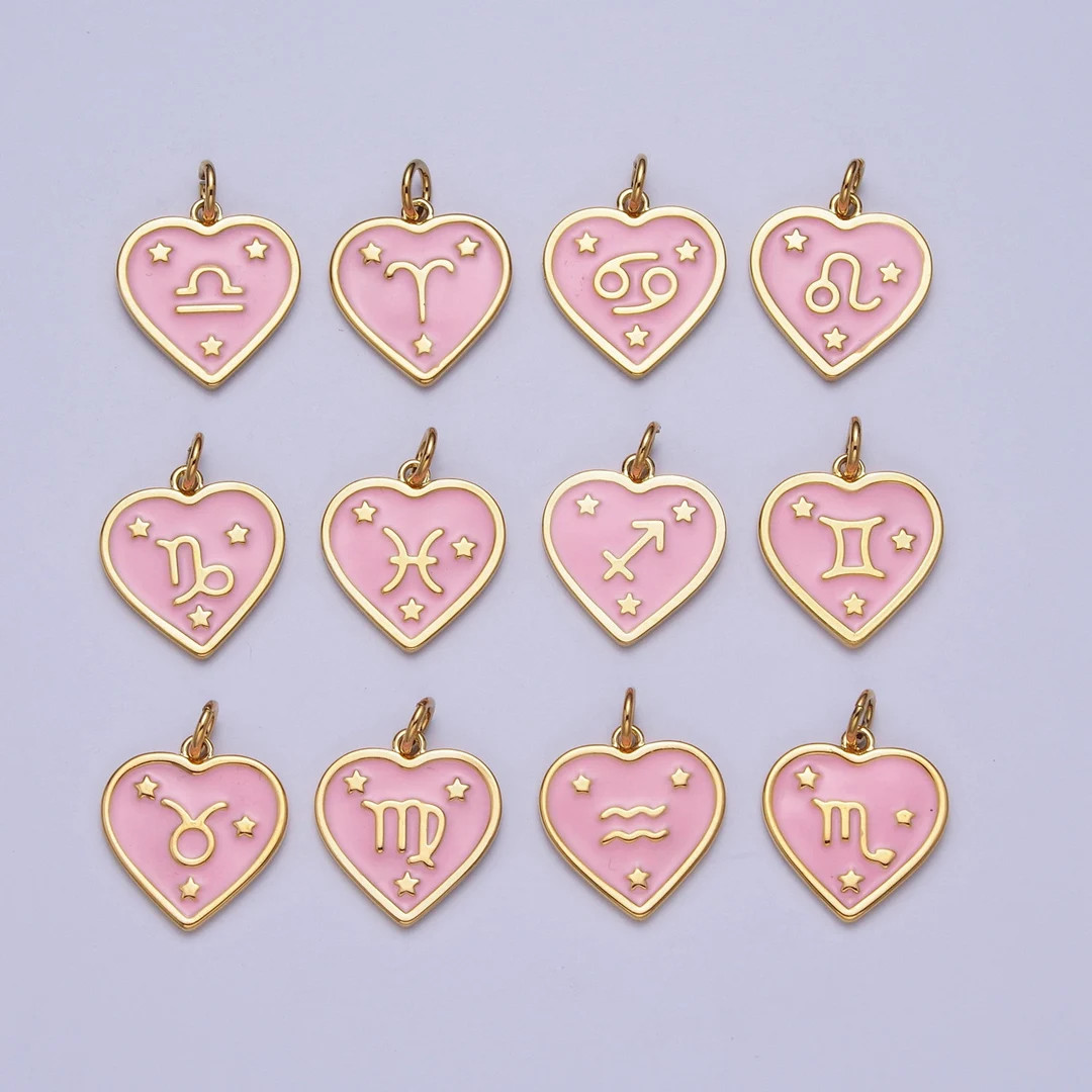 Dainty 24K Gold Baby Pink Enamel Stars Heart-shaped Zodiac Charms, Astrological Zodiac Signs, Bir... | Etsy (US)