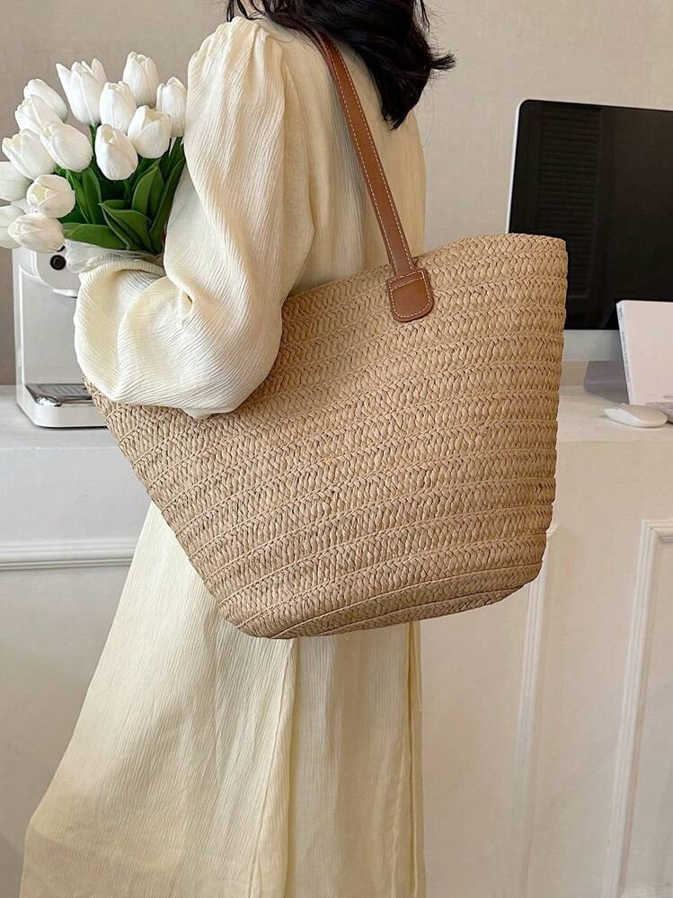 Straw Bag Straw Woven Handbag, Beige Women Tote Bags, Large Capacity Portable Beach Holiday Bag, Double Handle Shoulder Bag, Lunch Bag, Business Bag, Women's Stylish Shopping Bag For Teen Girls Women College Students, White-Collar Workers, Teacher Perfect For School, College, Work, Business, Commute, Outdoors, Travel, Outings, Holiday, Teacher's Day, Ideal Gift For Mom Women, Vacation Bag For Summer, Best Teacher Appreciation Gift, | SHEIN