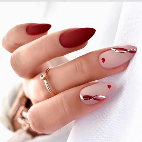 BABALAL Press on Nails, Almond Shape Medium Length Burgundy White Fake Nails with Red Heart Gold Line Design, 24 Pcs Valentines Acrylic False Nails for Women and Girls | Amazon (US)