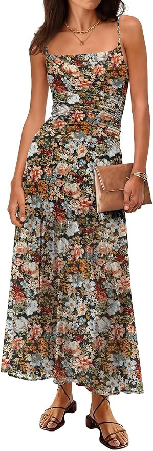 Caracilia Womens Summer Maxi Dress Mesh Floral Spaghetti Strap Ruched Cocktail Party Wedding Gues... | Amazon (US)