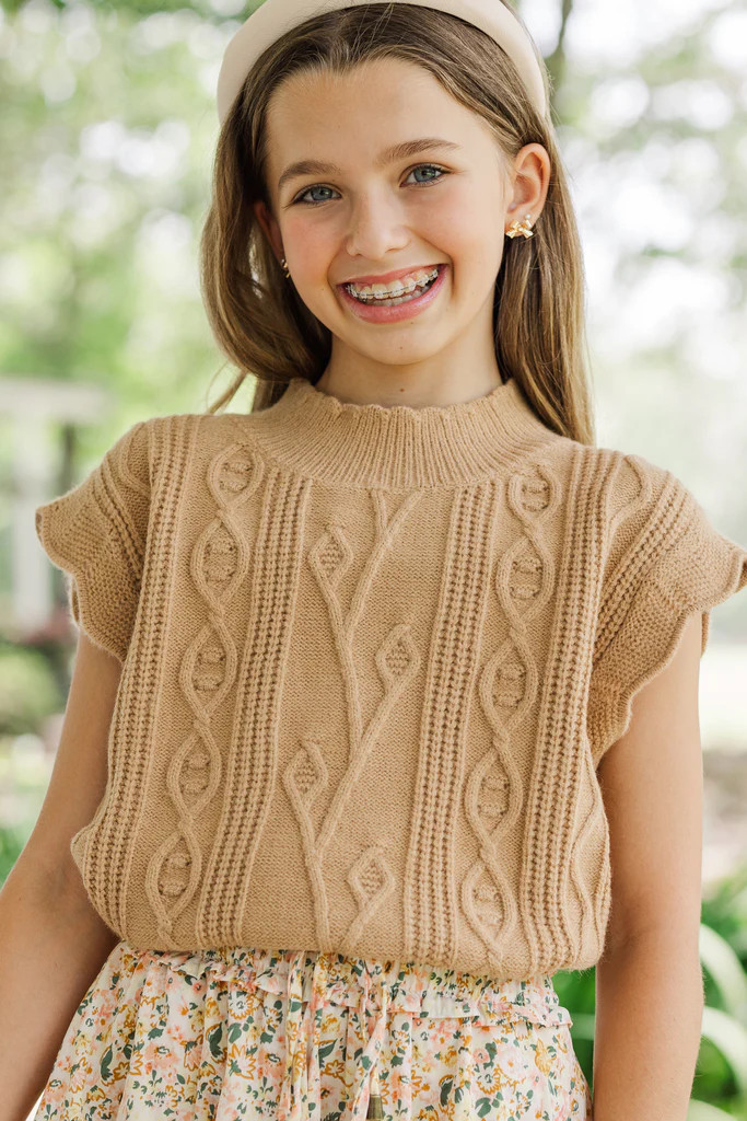 Girls: Get It Going Camel Cable Knit Sweater Top | The Mint Julep Boutique
