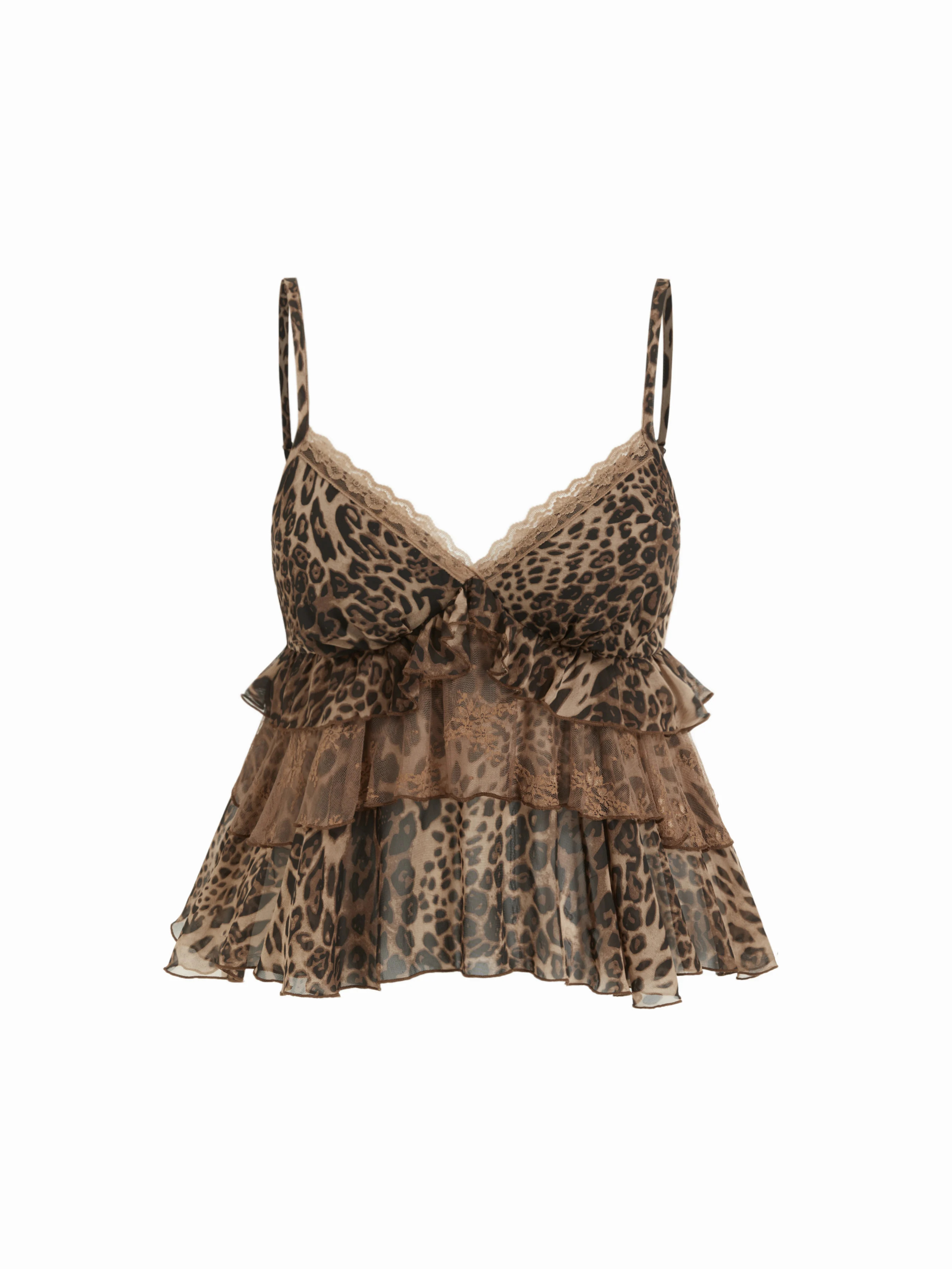 Chiffon Leopard V-neck Lace Trim Cami Top Curve & Plus | Cider