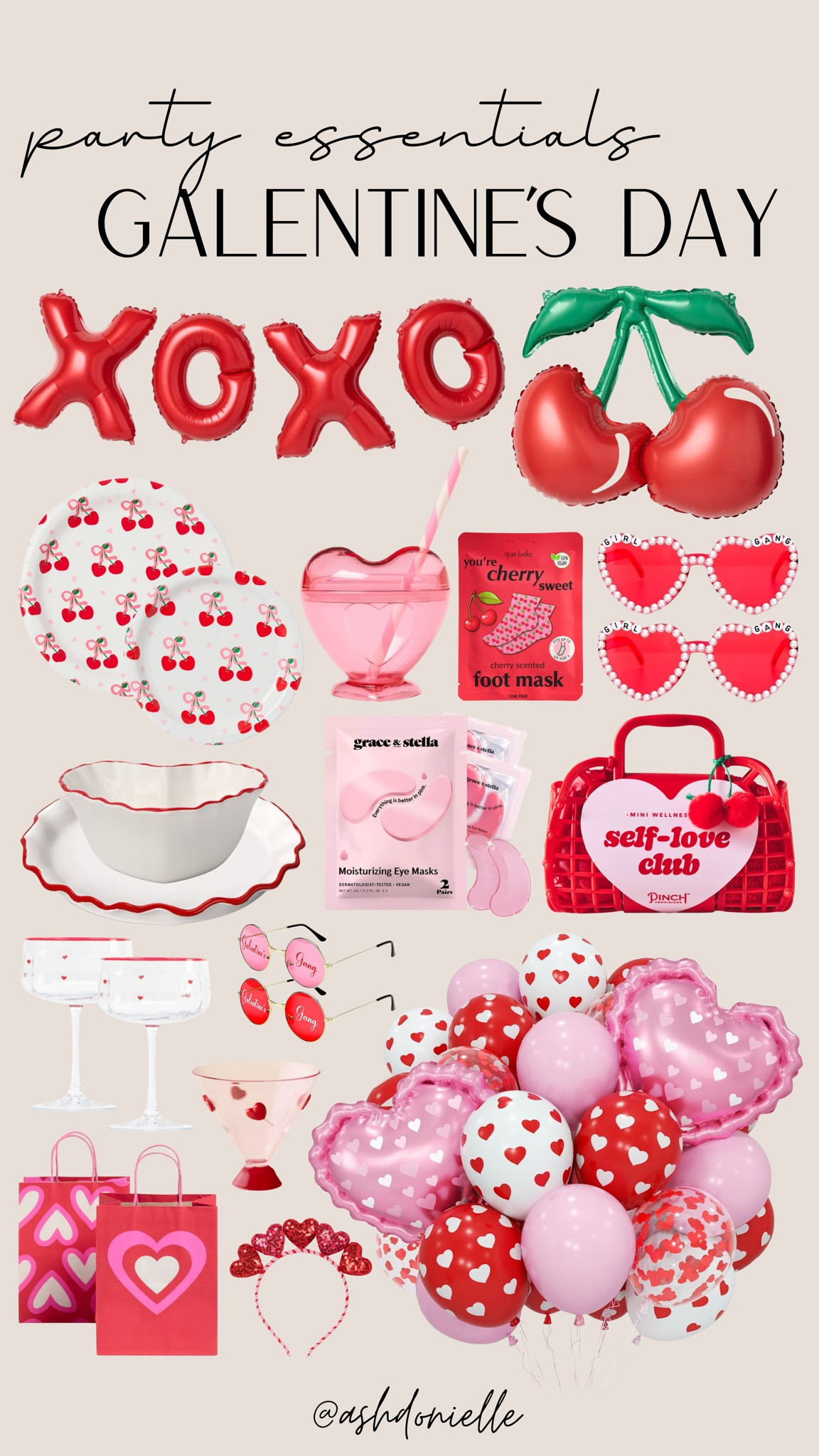 Galentine’s day party essentials

Galentine’s party decorations
Pink and red balloon garland
Heart-shaped charcuterie board
Cute cocktail glasses
Rosé wine and champagne
Fun party games for girls night
Valentine’s themed napkins and cups
Dessert stand for cupcakes and sweets
Disposable cameras for party pics
Matching pajamas or satin robes

#LTKValentine #LTKSeasonal #LTKHome