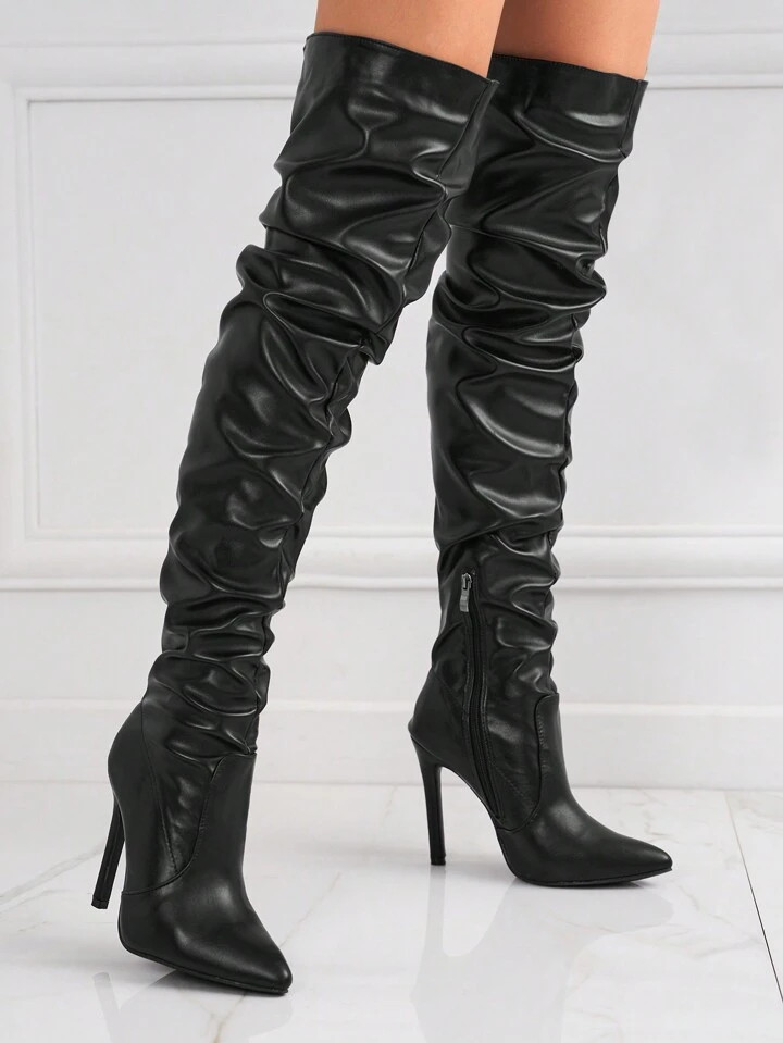 Women Slim High Heel Side Zipper Pleated Over-The-Knee Boots, Winter | SHEIN